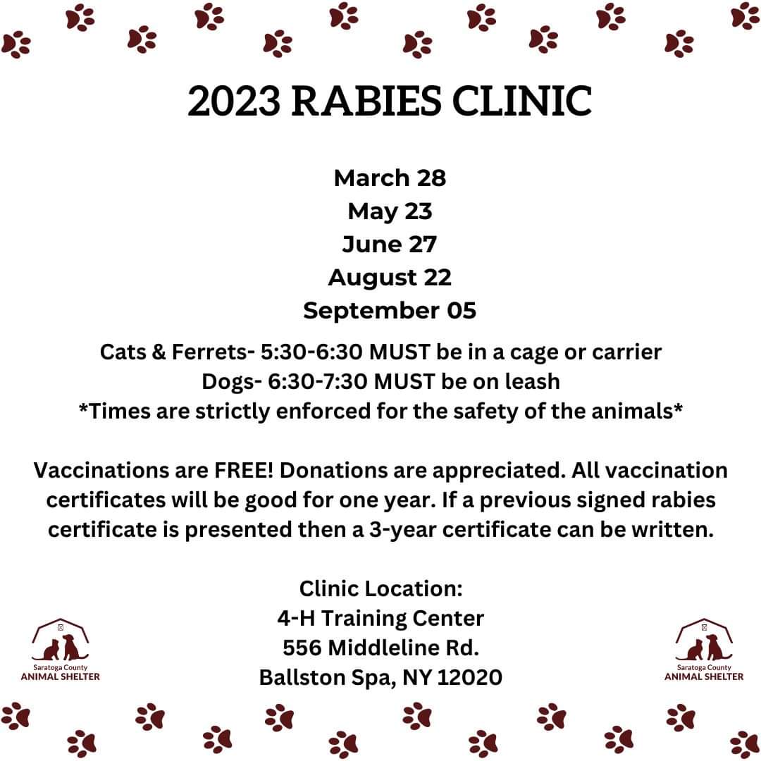 2022 Saratoga County Rabies Clinic Dates Free Vaccine Clinic Saratoga